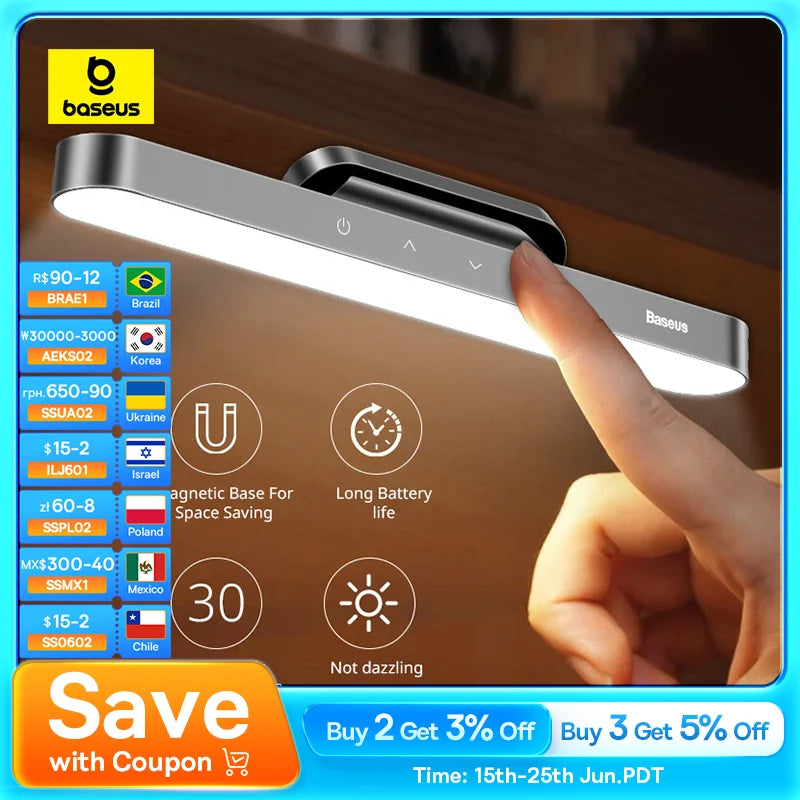 Baseus Lampe LED Magnétique Rechargeable – Intensité Réglable